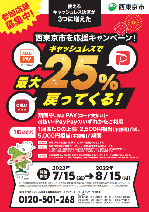 今週15日から1カ月間、西東京市で最大25%還元のキャッシュレス 今週15日から1カ月間、西東京市で最大25%還元のキャッシュレス